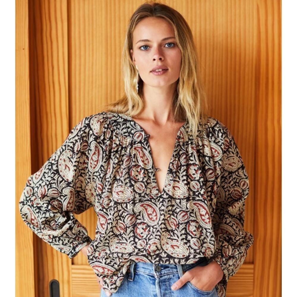 Emerson Fry Black and Cream Paisley Peasant Blouse